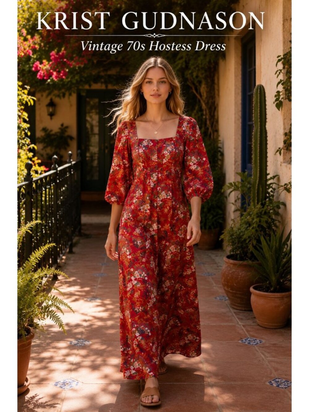 VTG 70s Krist Gudnason Maxi Dress Small Red Asian Floral Gold Boho Hostess